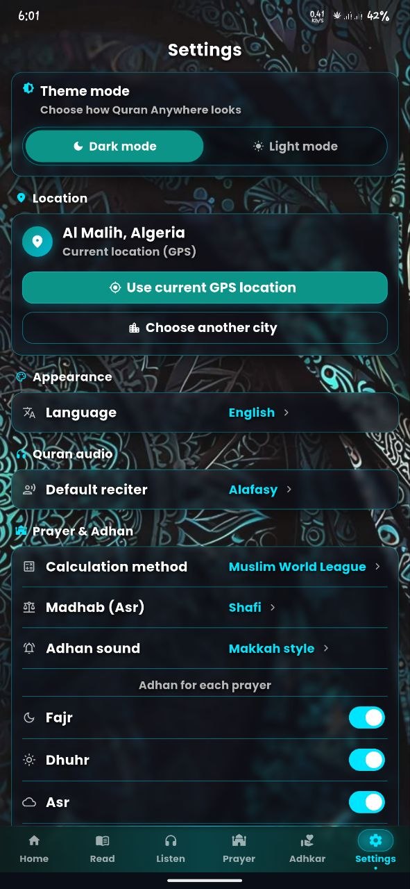 Quran Anywhere settings screen